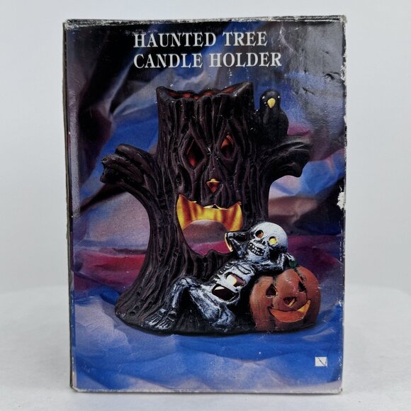 Vintage Halloween Haunted Tree Candle Holder With Skeleton Pumpkin 6.5" Tall - Picture 16 of 16
